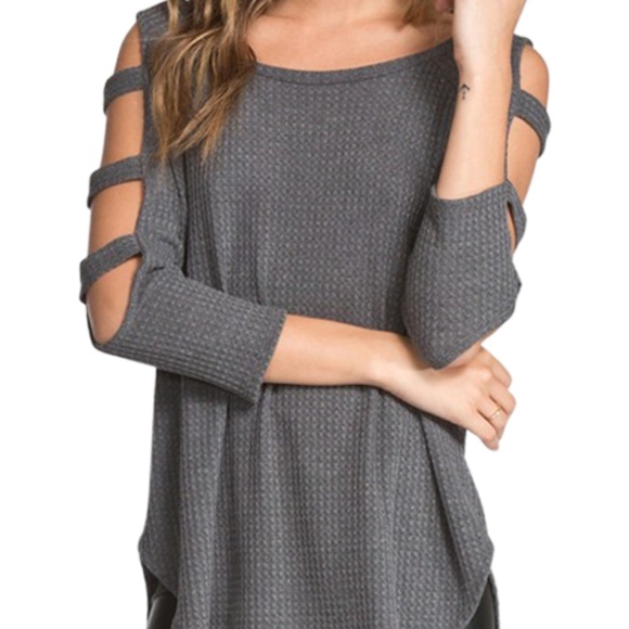 Fashion Boutique Tops - Ribbed Cold Shoulder Top With Strap Sleeves